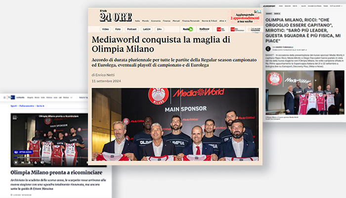Articoli di giornale mostrano l'accordo tra Mediaworld e Olimpia Milano, con foto di giocatori e titoli.