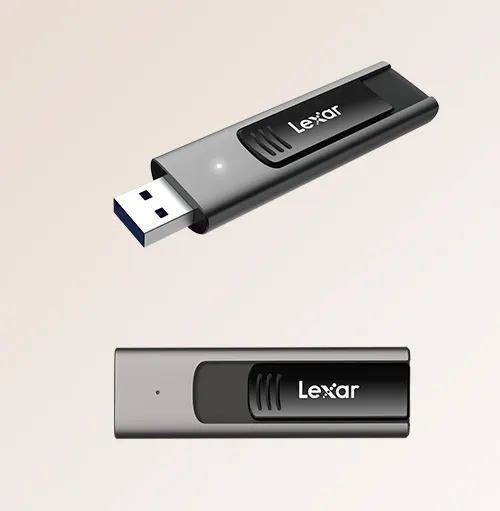 Due chiavette USB grigie con dettagli neri e connettori bianchi su sfondo neutro.