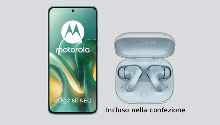 motorola edsge 60 neo e le buds bianche/blu vicino
