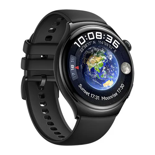 Orologio digitale nero con quadrante che mostra l'ora, la posizione geografica e una rappresentazione della Terra e della Luna.