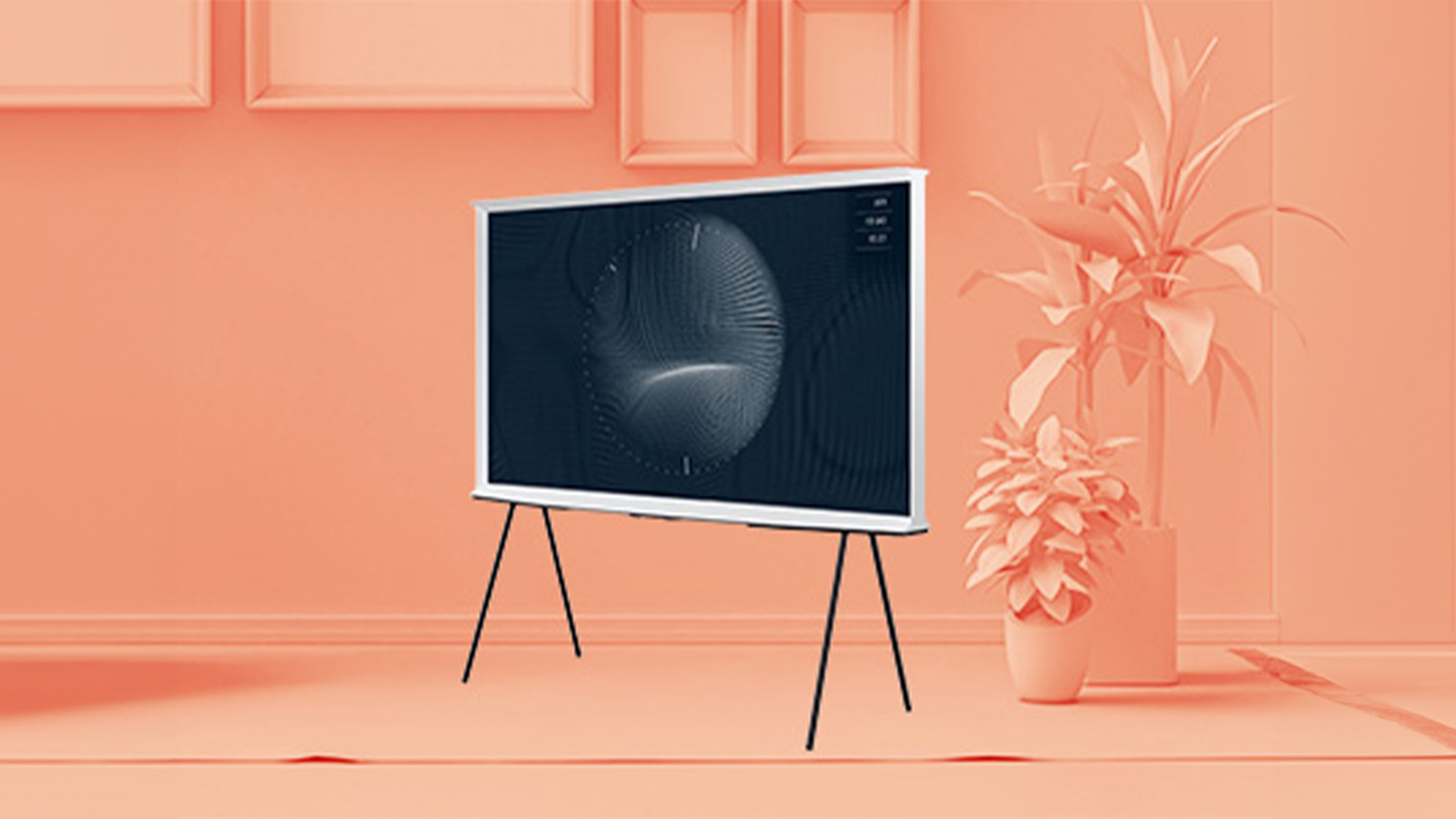 TV a schermo piatto su treppiede nero, a destra piante in vaso. Lo sfondo è una parete color pesca con tre quadri.