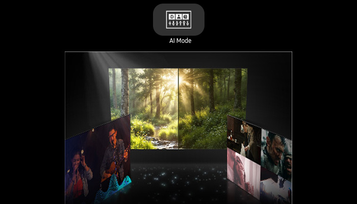 3 schermi : quello centrato con la foto di un bosco, quello di sinistra con la foto di una donna e un uomo che cantano e quello di destra con piu' scene di diversi film