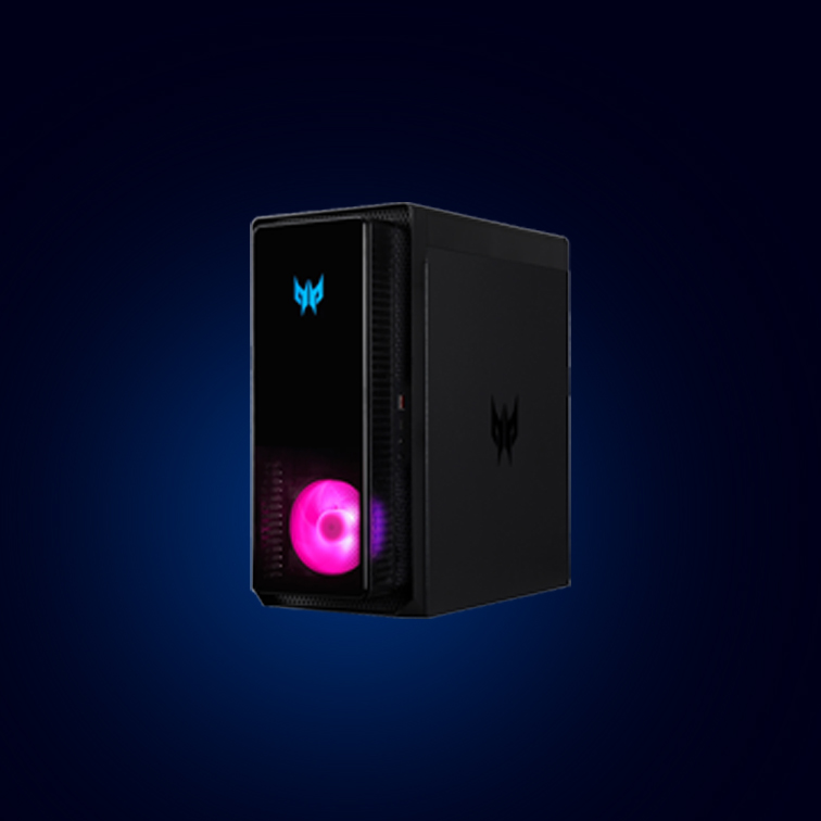 Case nero per computer con logo blu e ventola rosa illuminata su sfondo blu scuro.