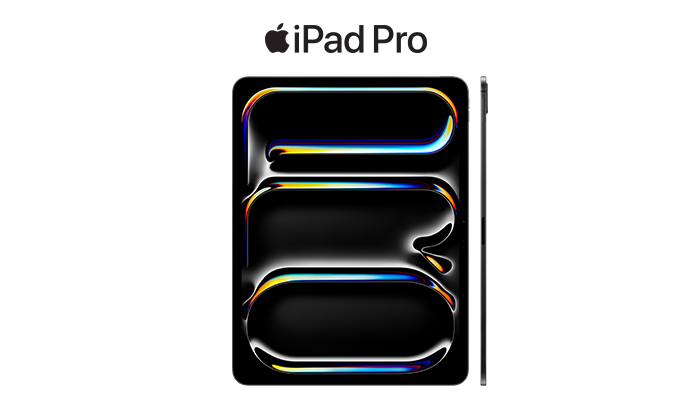 iPad Pro nero con tre forme rettangolari con bordi colorati. Logo Apple e scritta "iPad Pro" in alto.