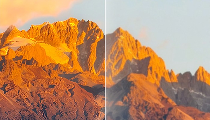 Due immagini affiancate mostrano picchi montuosi arancioni sotto un cielo chiaro. La luce solare illumina le cime, creando ombre e dettagli.