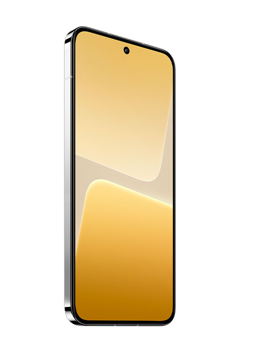 Telefono con cornice argentata e schermo giallo con forme geometriche.