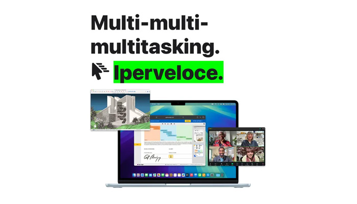 Varie schermate dimostrano la facilità con cui più app vengono utilizzate contemporaneamente su un MacBook Air; si notano delle pagine web di Safari, una videochiamata su Zoom e un file su SketchUp