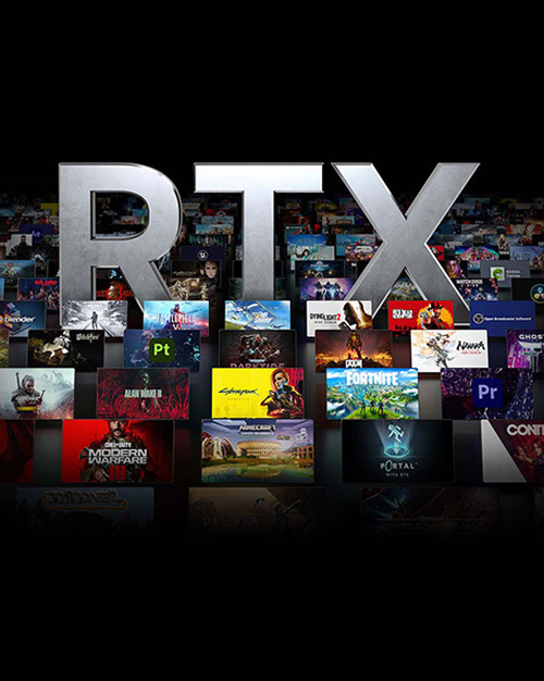 Logo RTX grigio sopra copertine di videogiochi su sfondo nero.