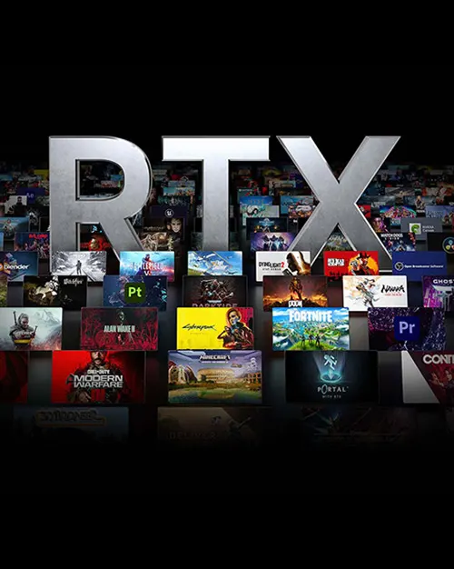 Logo RTX grigio sopra copertine di videogiochi su sfondo nero.