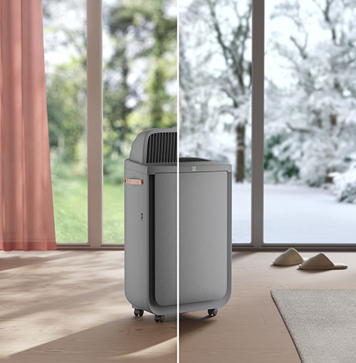 Un apparecchio grigio su rotelle, con una finestra che mostra un paesaggio estivo e una invernale. Tappeto e pantofole.