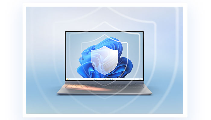 notebook sulla quale si visualizza uno scudo appoggiato su alcune forme blu