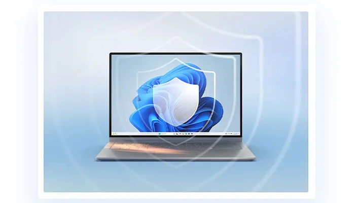 notebook sulla quale si visualizza uno scudo appoggiato su alcune forme blu