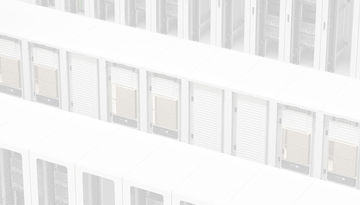 File di server bianchi disposti in file parallele, alcuni con schermi rettangolari color pesca.