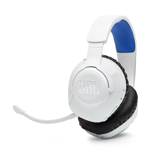 Cuffie bianche e nere con microfono e dettagli blu sull'archetto, su sfondo bianco.