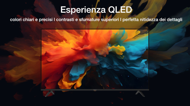 Schermo TV con grafica astratta dai colori vivaci: arancione, giallo e blu, su sfondo scuro. Testo promozionale in alto.