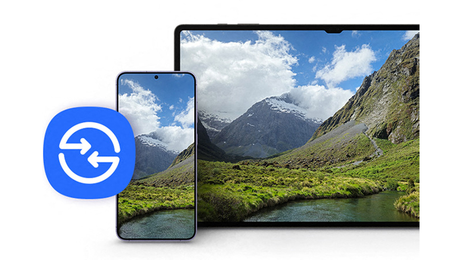 Smartphone e tablet affiancati mostrano un paesaggio montano. Un'icona blu con frecce circolari � a sinistra.