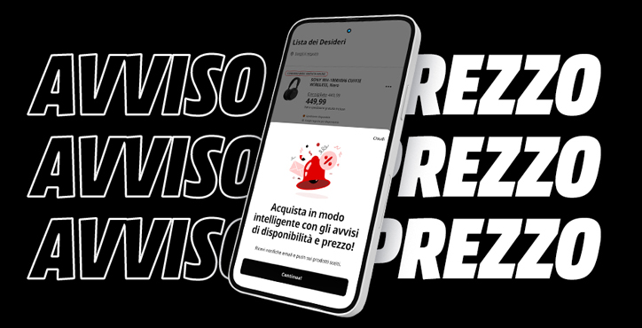 Uno smartphone con uno screen che mostra una campanella con una notifica. Scritta: Avviso di prezzo sullo sfondo