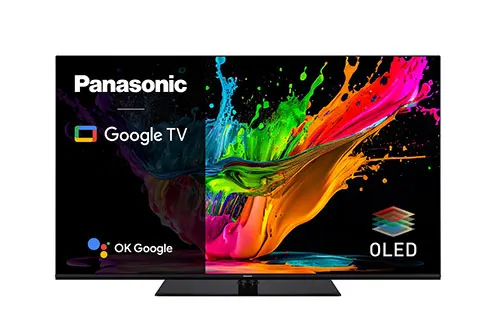 TV Panasonic mostra splash colorato su met� schermo e logo Google TV sull'altra met�. OLED indicato.