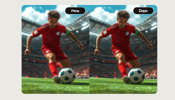 Immagine divisa: un calciatore in maglia rossa calcia un pallone su un campo verde, con tribune affollate sullo sfondo. Etichette "Prima" e "Dopo".