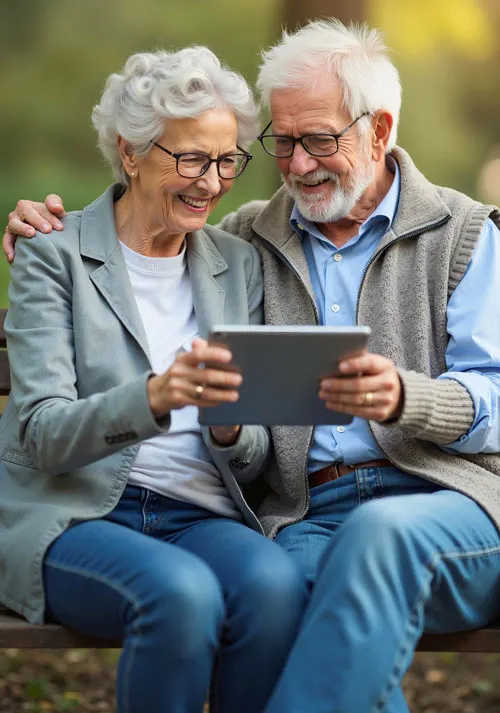 Una coppia anziana seduta su una panchina guarda un tablet con un sorriso. L'uomo indossa un gilet, la donna una giacca.