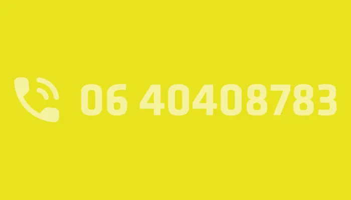 Sullo sfondo giallo è presente l'icona di un telefono e il numero 06 40408783.