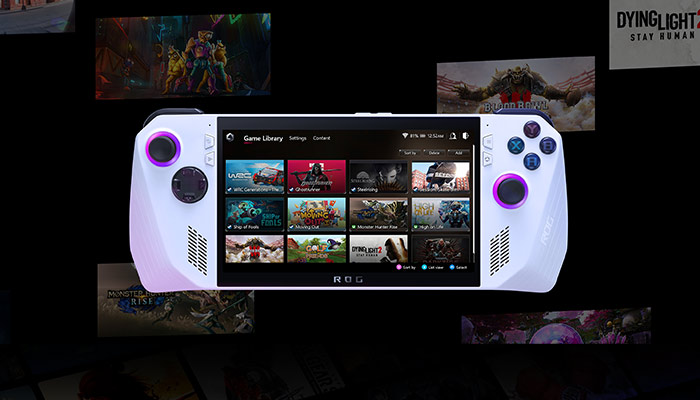 Ecco un dispositivo di gioco portatile bianco con schermo che mostra una libreria di giochi.