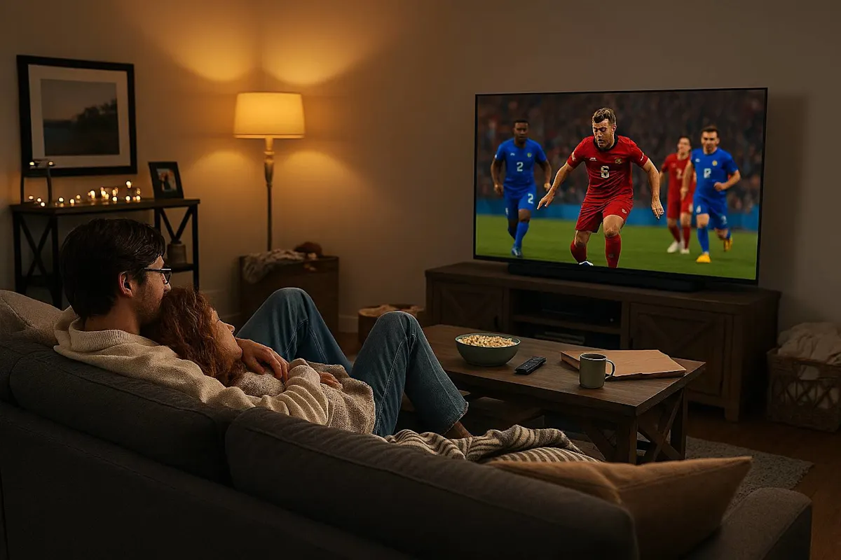 persone che guardano la tv in soggiorno sedute sul divano