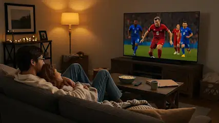 persone che guardano la tv in soggiorno sedute sul divano