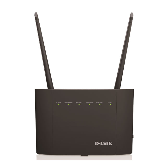 Router D-Link nero con due antenne verticali. Sei luci LED verdi indicano lo stato di alimentazione e connessione.
