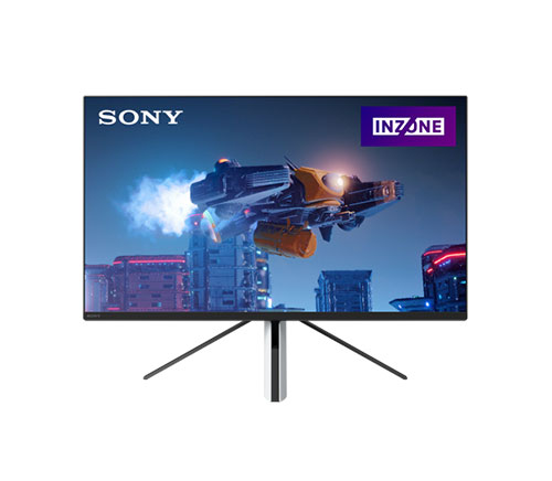 Monitor Sony Inzone con scena di gioco futuristica, su sfondo blu e grigio. Base a treppiede in metallo.