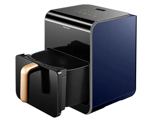 Friggitrice ad aria blu e nera con cassetto estraibile nero e manico color oro, su sfondo bianco.