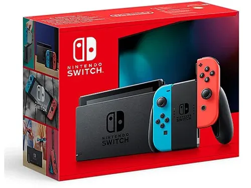 Scatola rossa di Nintendo Switch con console nera, controller blu e rosso.