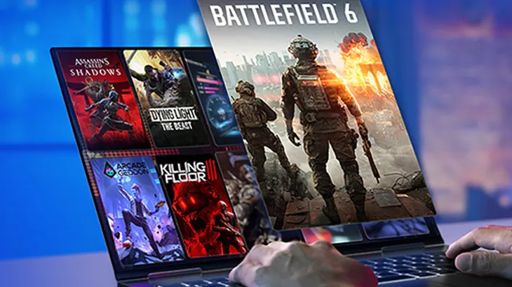 alcune schermate di videogiochi che fuoriescono da un notebook
