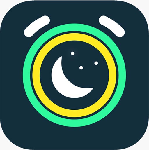 Icona app: sfondo scuro, luna bianca con stelle al centro di cerchi concentrici giallo e verde. Due forme bianche in alto.