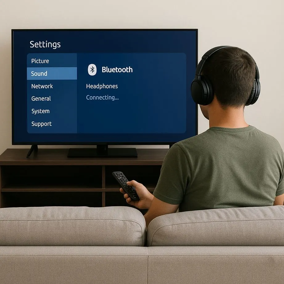 ragazzo seduto sul divano che guarda la tv ascoltando l'audio con le cuffie bluetooth