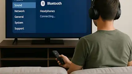 ragazzo seduto sul divano che guarda la tv ascoltando l'audio con le cuffie bluetooth