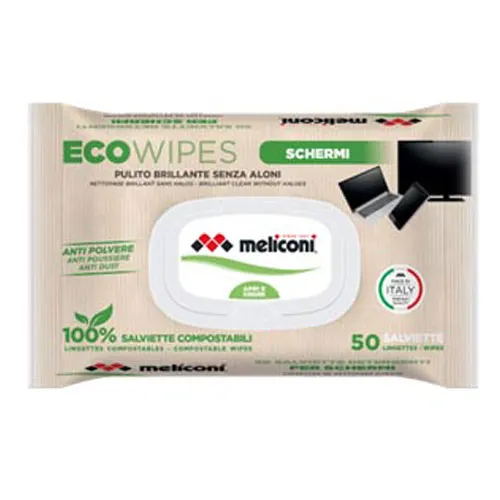 Confezione di salviette umidificate EcoWipes per schermi, con immagini di TV, laptop e smartphone. Logo "Meliconi" in evidenza.