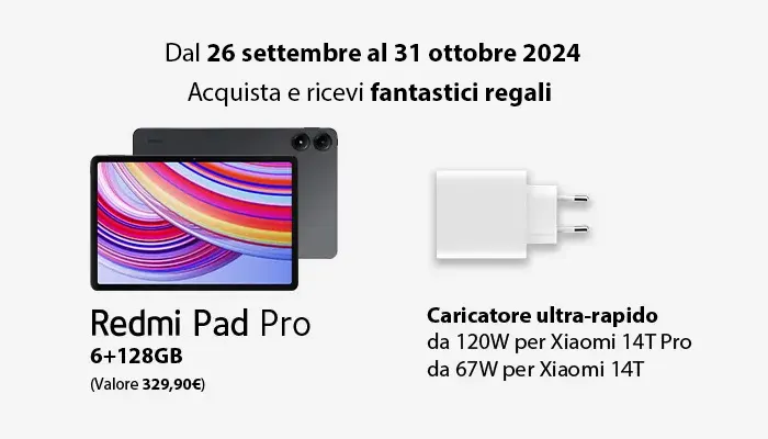Tablet Redmi Pad Pro con sfondo colorato, un altro tablet e un caricatore bianco.