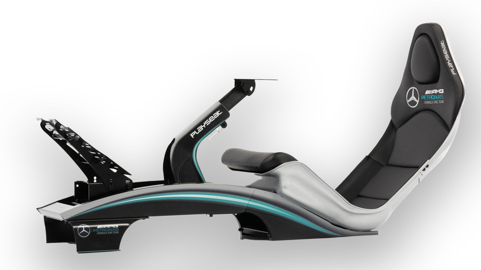 C'� un sedile da gioco nero e grigio con loghi e strisce turchesi su sfondo bianco.