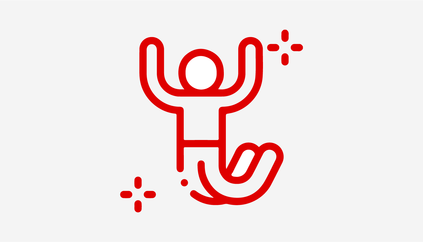 Icona rossa su sfondo bianco che raffigura una persona stilizzata che esulta con braccia alzate e una gamba piegata.