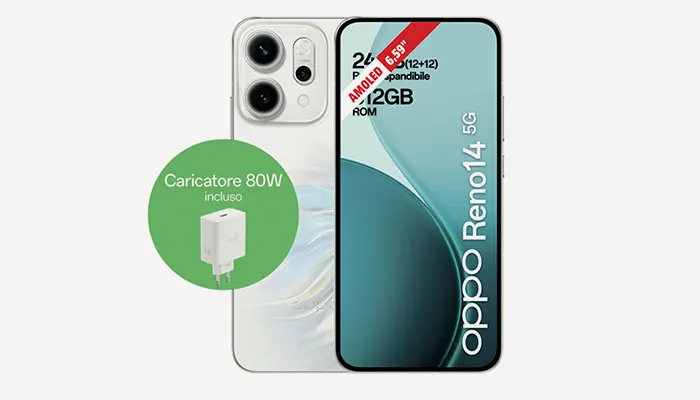 Smartphone Oppo Reno14 5G 512 GB tuo a 499€ a pradamano