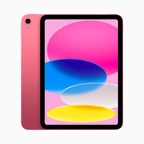 Un iPad rosa mostra cerchi sovrapposti rosa, blu, bianco e giallo sullo schermo su sfondo rosa chiaro.