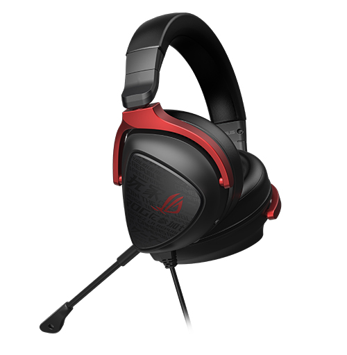 Cuffie nere e rosse con microfono su sfondo bianco. L'archetto � nero, i padiglioni sono neri e rossi.