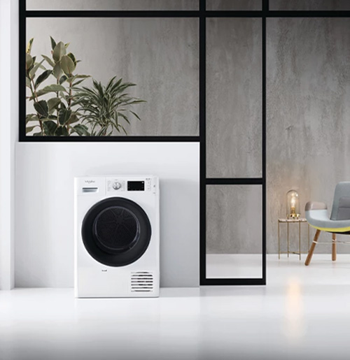 Bianca asciugatrice bianca accanto a piante in vaso e sedia grigia in stanza con parete grigia e divisorio nero.