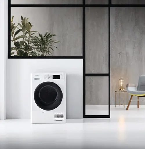 Bianca asciugatrice bianca accanto a piante in vaso e sedia grigia in stanza con parete grigia e divisorio nero.