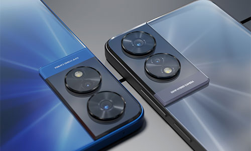 Due smartphone affiancati mostrano due fotocamere circolari su una placca rettangolare sul retro di ogni telefono. Uno � blu, l'altro grigio.