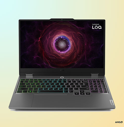 Un computer portatile grigio aperto mostra una schermata con un design astratto colorato. La tastiera � retroilluminata.