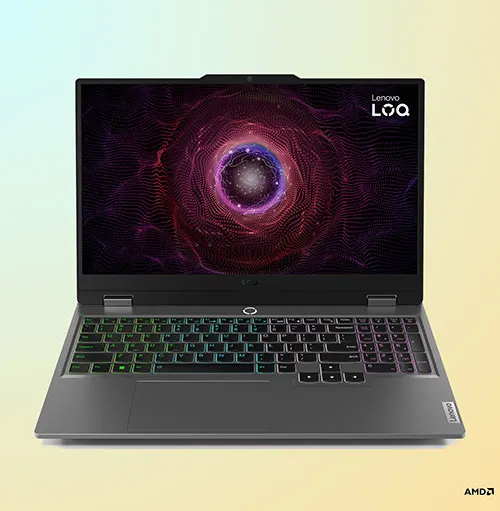 Un computer portatile grigio aperto mostra una schermata con un design astratto colorato. La tastiera � retroilluminata.