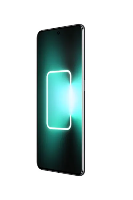 Schermo di smartphone con rettangolo luminoso bianco su sfondo verde e nero.