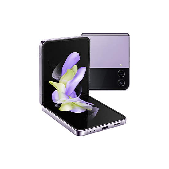 Due telefoni pieghevoli: uno aperto che mostra un fiore, l'altro chiuso, bicolore viola e nero, con due obiettivi.